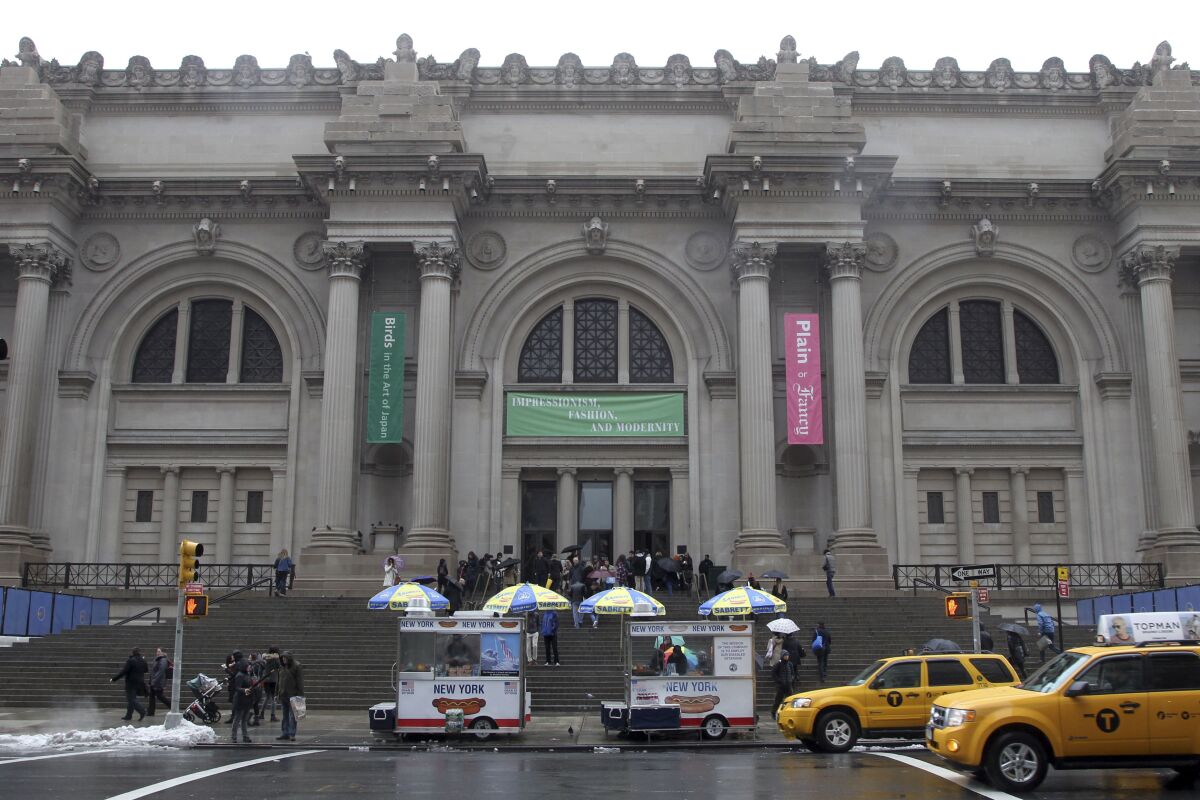 FILE - The exterior of the Metropolitan Museum of Art in New York appears on March 19, 2013.Mexican architect Frida Escobedo will be the first woman to design a wing of the Metropolitan Museum of Art in New York, the museum said in a statement Monday. (AP Photo/Mary Altaffer, File)