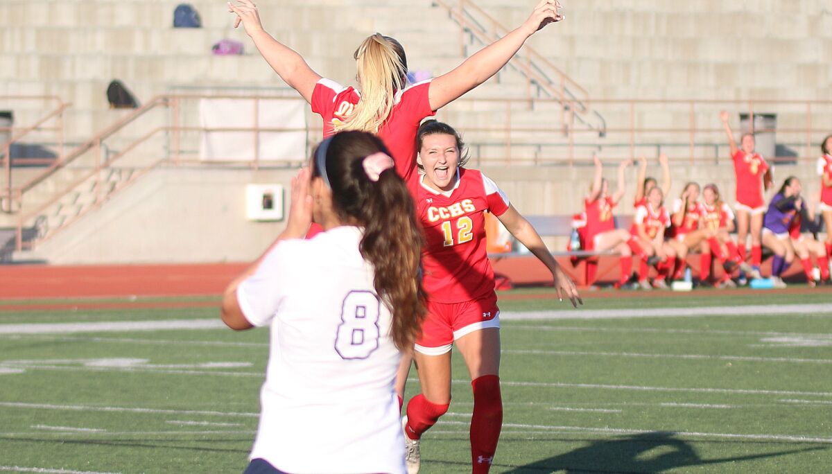 Bailey Malinowski (12) congratulates Megan Janikowski on her first half score.
