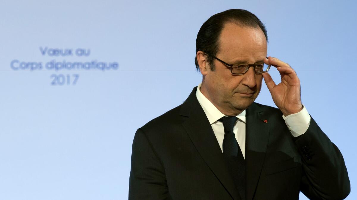 French President Francois Hollande played down prospects for a breakthrough at a Middle East peace conference Sunday when he addressed diplomats at the Elysee Palace in Paris on Thursday.