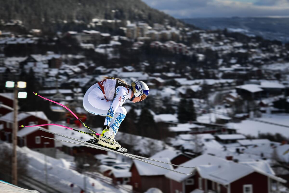 Lindsey Vonn competes during the Women's Downhill event of the 2019 FIS Alpine Ski World Championships in Sweden on Feb. 10.