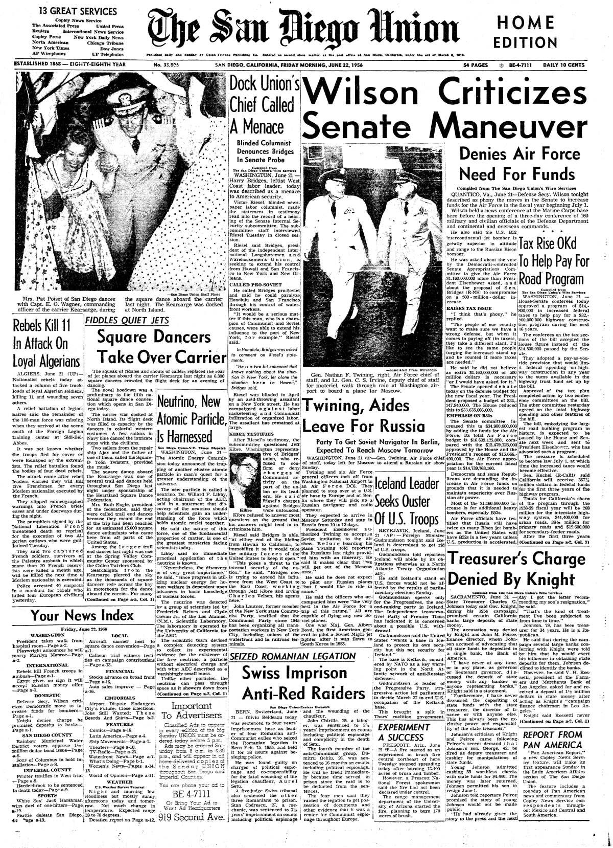 June 22, 1956 front page of The San Diego Union.