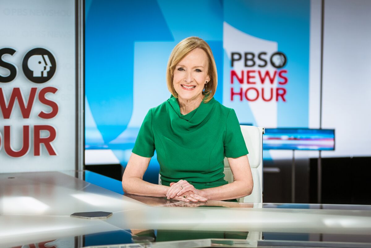 News anchor Judy Woodruff on the set of the "PBS NewsHour"