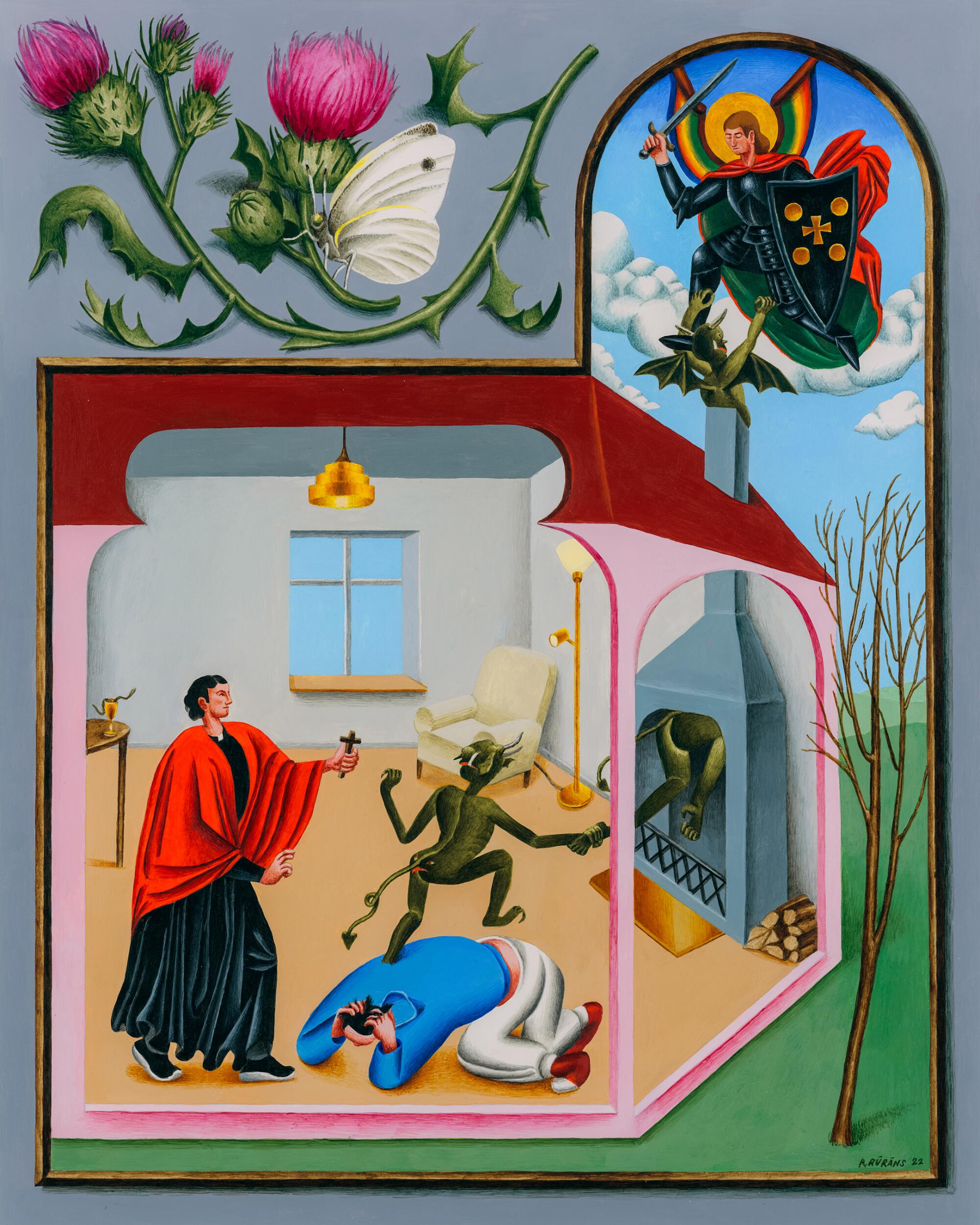 Illustration of a priest exorcising demons from a person cowering on the ground of a modern day living room.
