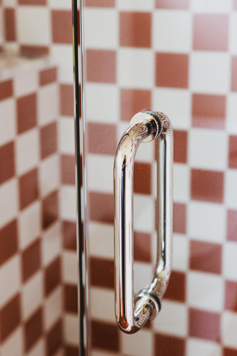 The shower hand items in a room in the River Lodge.