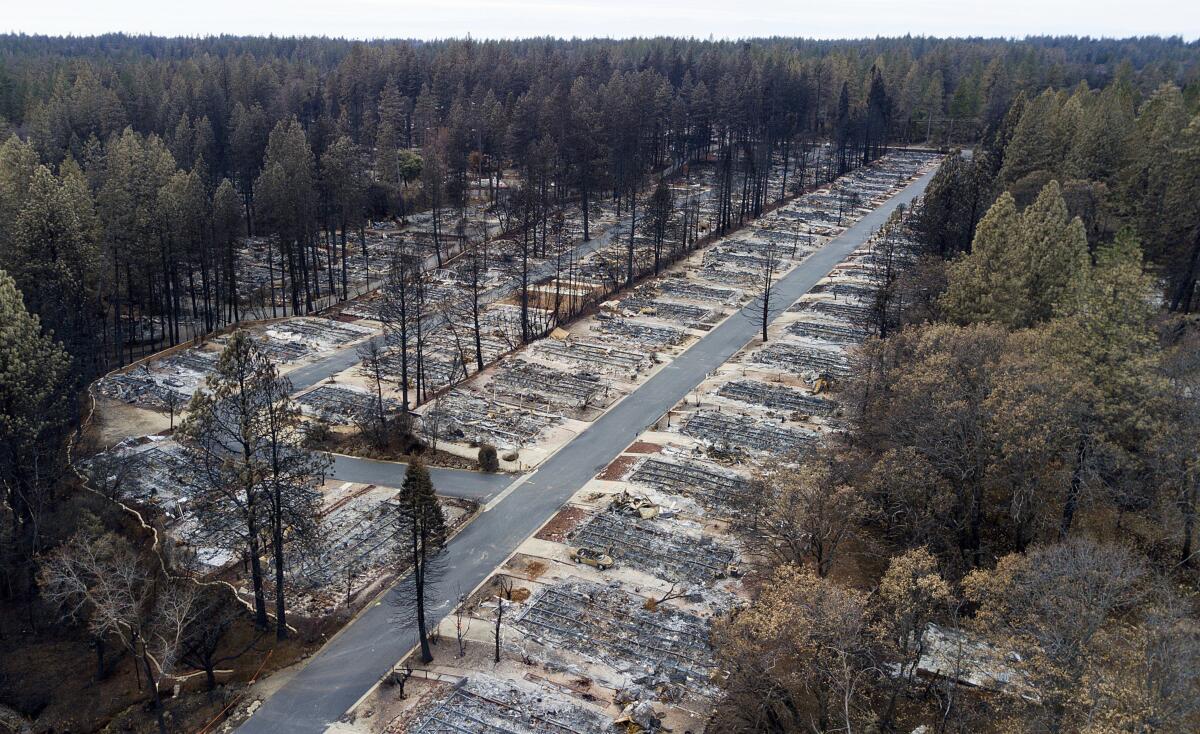 Homes leveled by the Camp fire at the Ridgewood Mobile Home Park retirement community in Paradise, Calif, in 2018.