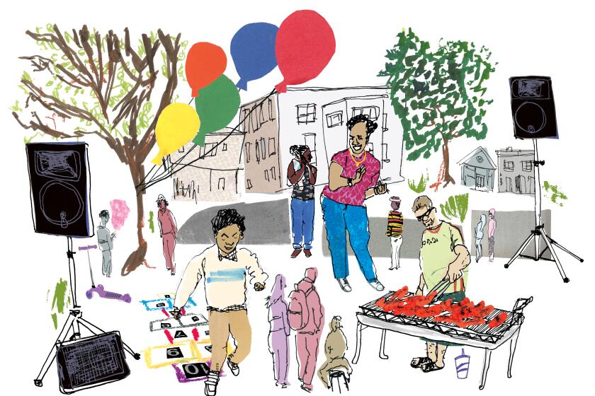 Illustration shows people at a block party, grilling, dancing, playing games and socializing.