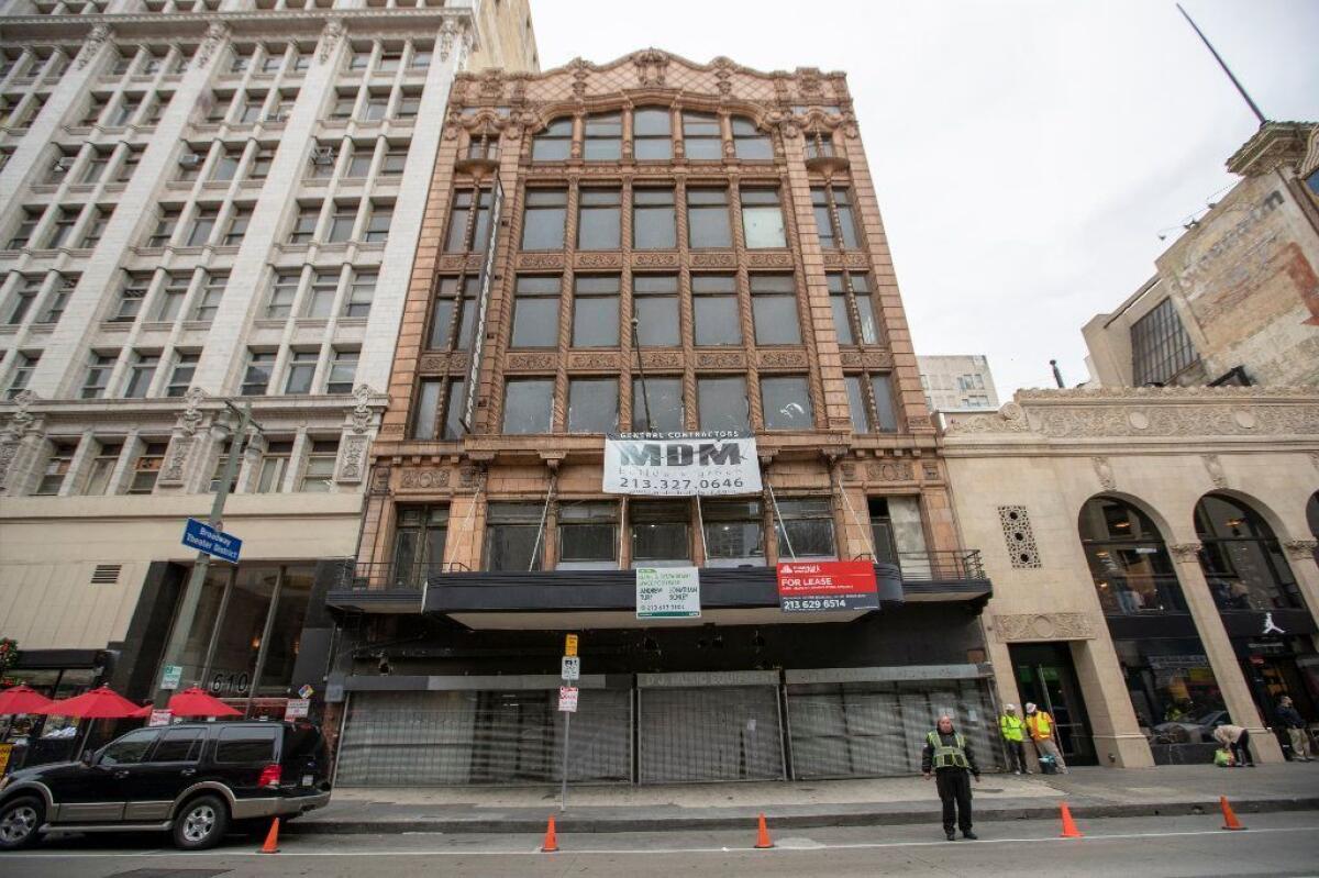 Exterior view of the former Desmond's store at 612-616 S. Broadway in downtown Los Angeles. The building hasn't been occupied above street level for decades but is now being renovated by new owners into an office building with restaurants.