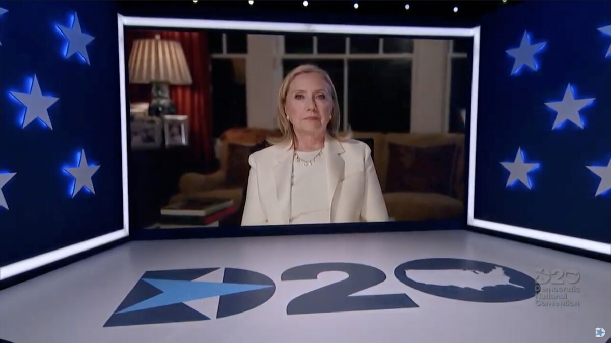 Screenshot from the 2020 Democratic National Convention of former first lady and Secretary of State Hillary Clinton