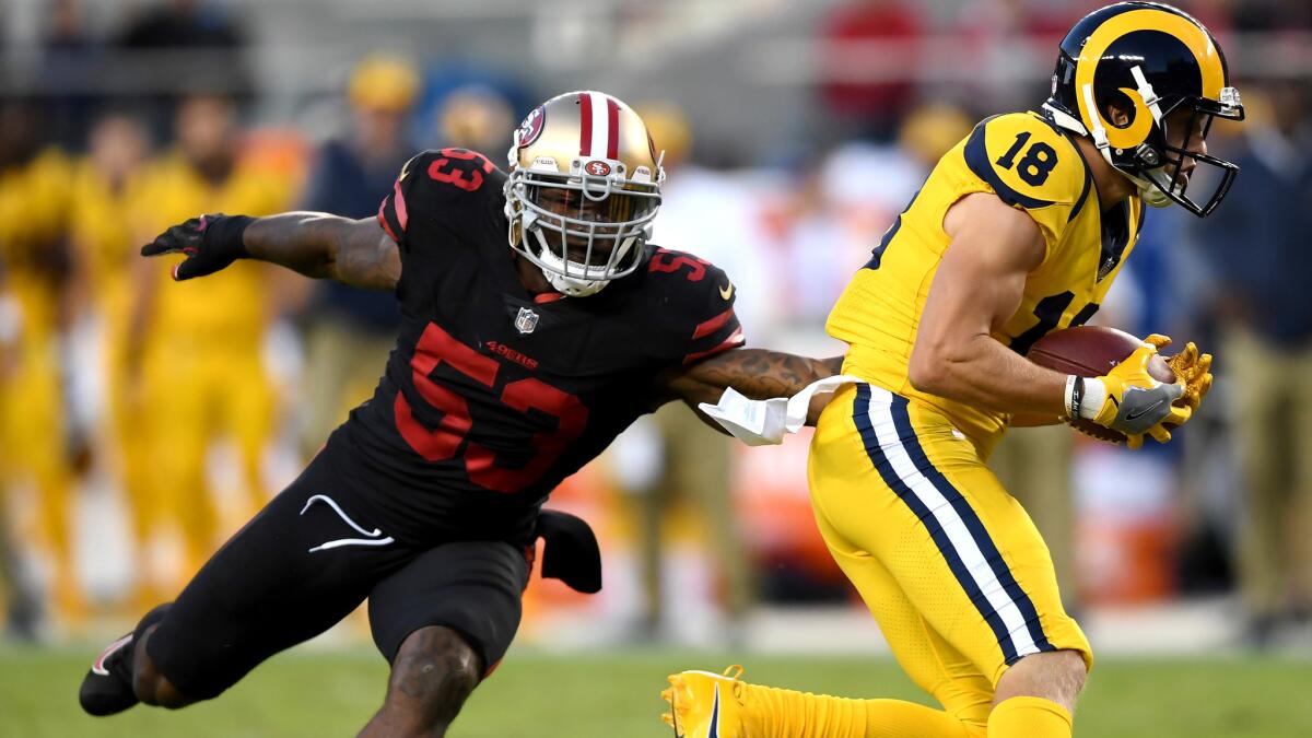 49ers linebacker NaVorro Bowman moves in to make the tackle on Rams receiver Cooper Kupp during a game earlier this season.