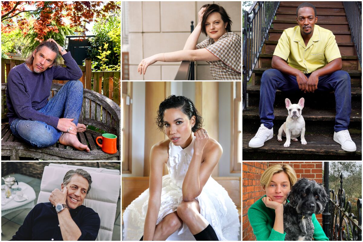 A collage of photos of Ethan Hawke, Elisabeth Moss, Anthony Mackie, Emma Corrin, Jurnee Smollett and Hugh Grant