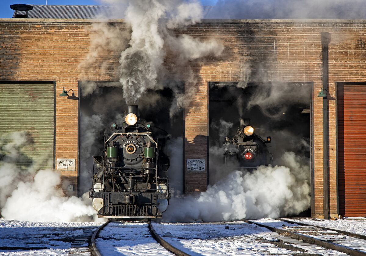 Two of the Nevada Northern Railway's steam locomotives are prepared for a day of service.