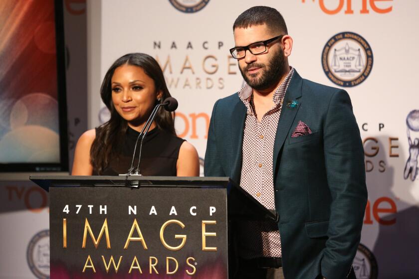 Danielle Nicolet and Guillermo Diaz speak at the 47th NAACP Image Awards nomination announcement and press conference in December at the Paley Center for Media in Beverly Hills.