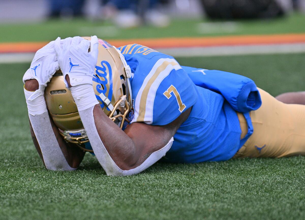 UCLA defensive back Mo Osling III reacts after dropping a potential interception during the second half.