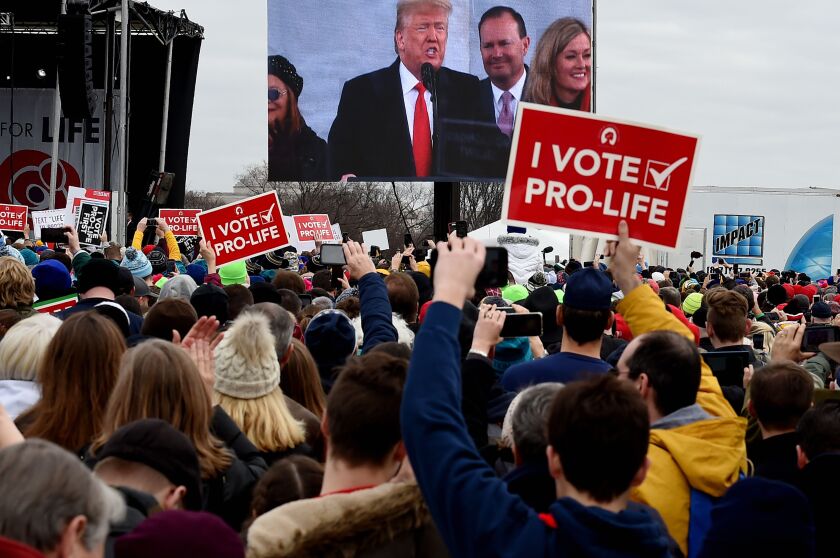 A crowd of demonstrators gather to hear Donald Trump speak. Many are holding red signs that say "I Vote Pro-Life"