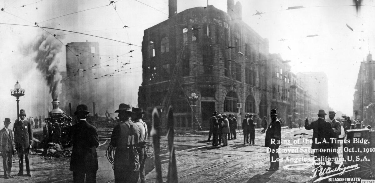 Oct. 1, 1910: A panorama of the ruins of the Los Angeles Times building after the bombing. Print from the former Los Angeles Times History Center.