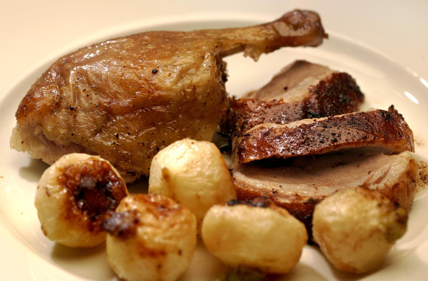 Crispy spiced duck with roasted baby turnips