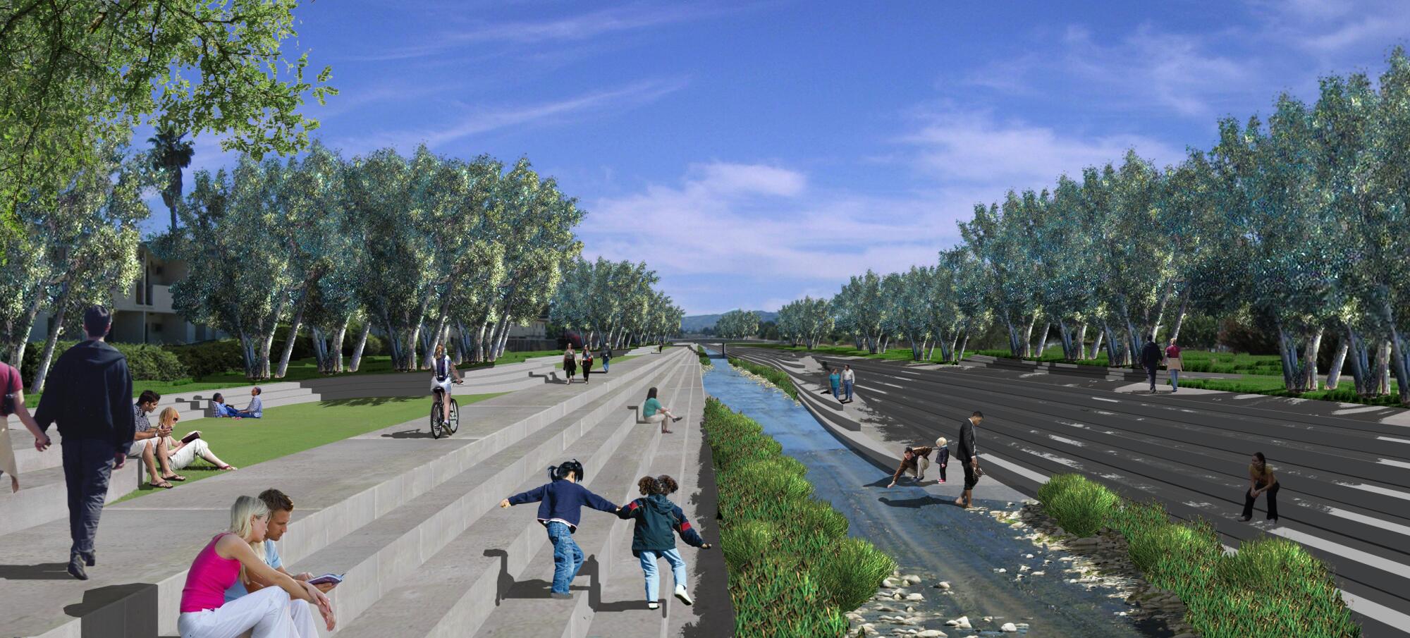 A rendering shows the LA River's embankment's layered into tree lined steps that descend towards the water