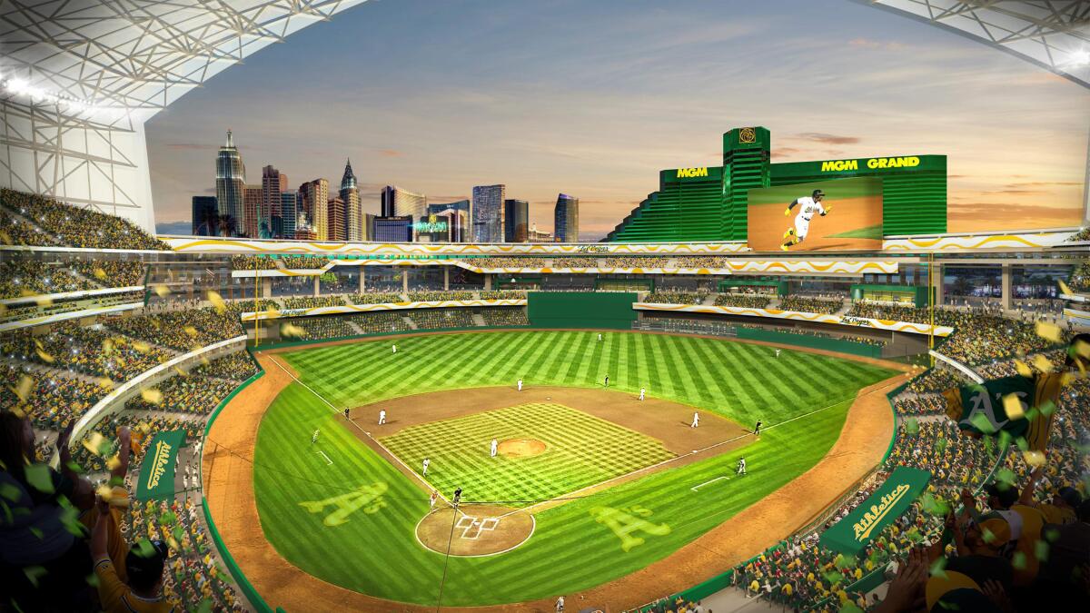 A rendering released by the Athletics shows the franchise's proposed new ballpark at the Tropicana site in Las Vegas.