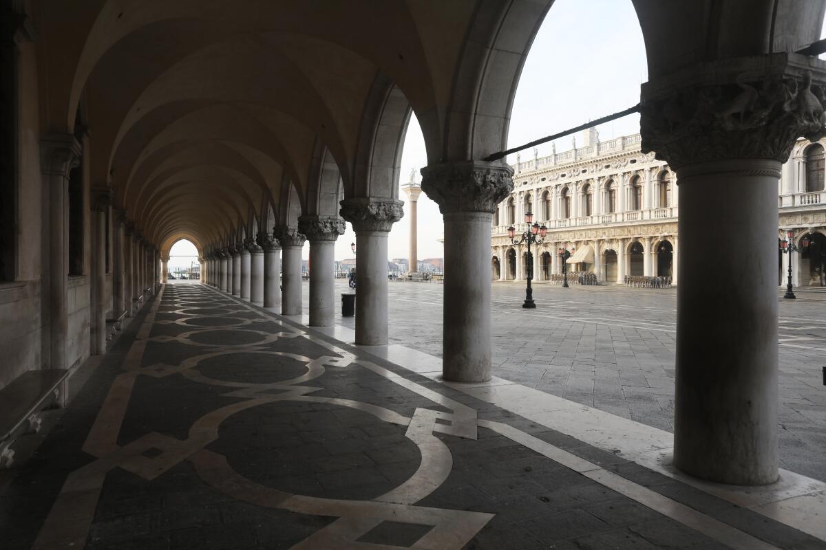 St. Mark's Square in Venice is now empty because of a ban on visitors.