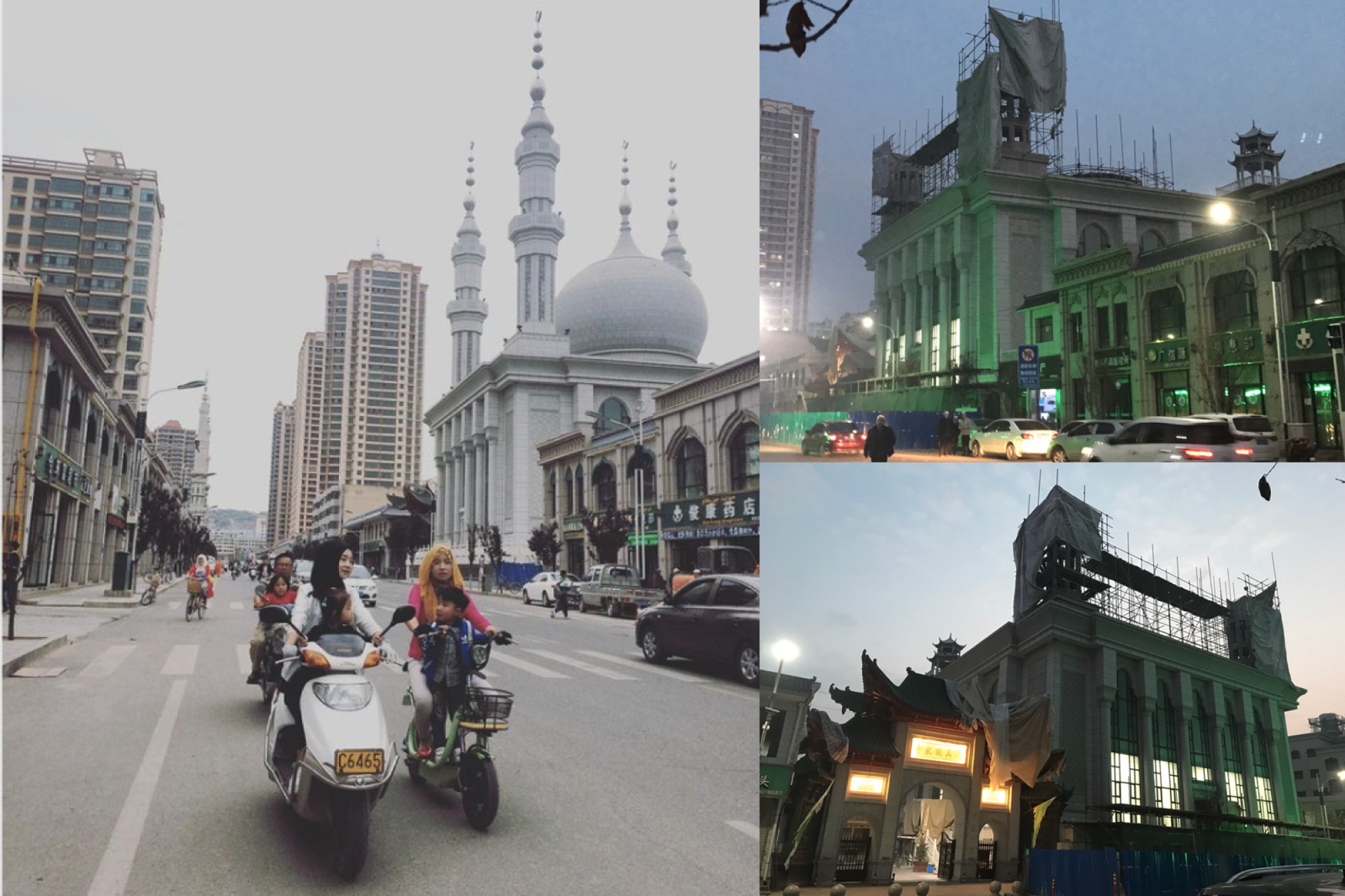 The Tiejia mosque in Linxia, Gansu province, China, in 2016 (left) and on Nov. 13, 2020 (right).