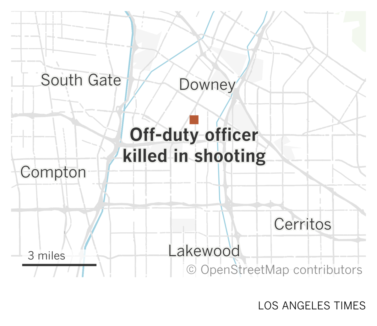 A map shows where an off-duty police officer was killed in a shooting in Downey