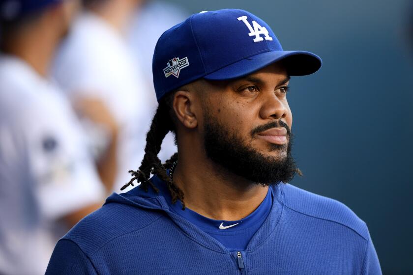 LOS ANGELES, CALIFORNIA - OCTOBER 03: Kenley Jansen #74 of the Los Angeles Dodgers looks on from the dug out before game one of the National League Division Series against the Washington Nationals at Dodger Stadium on October 03, 2019 in Los Angeles, California. (Photo by Harry How/Getty Images) ** OUTS - ELSENT, FPG, CM - OUTS * NM, PH, VA if sourced by CT, LA or MoD **