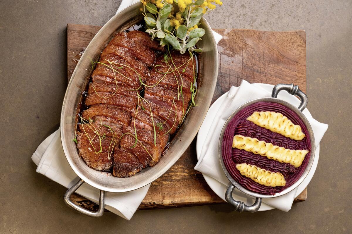 The whole duck presented with a unique take on shepherd's pie at Cut Beverly Hills.