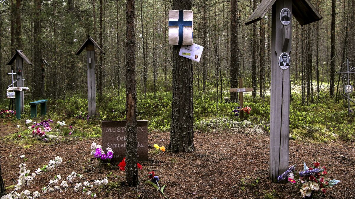 A Finnish banner is hung from a tree at the Sandarmokh mass execution site in northwestern Russia.