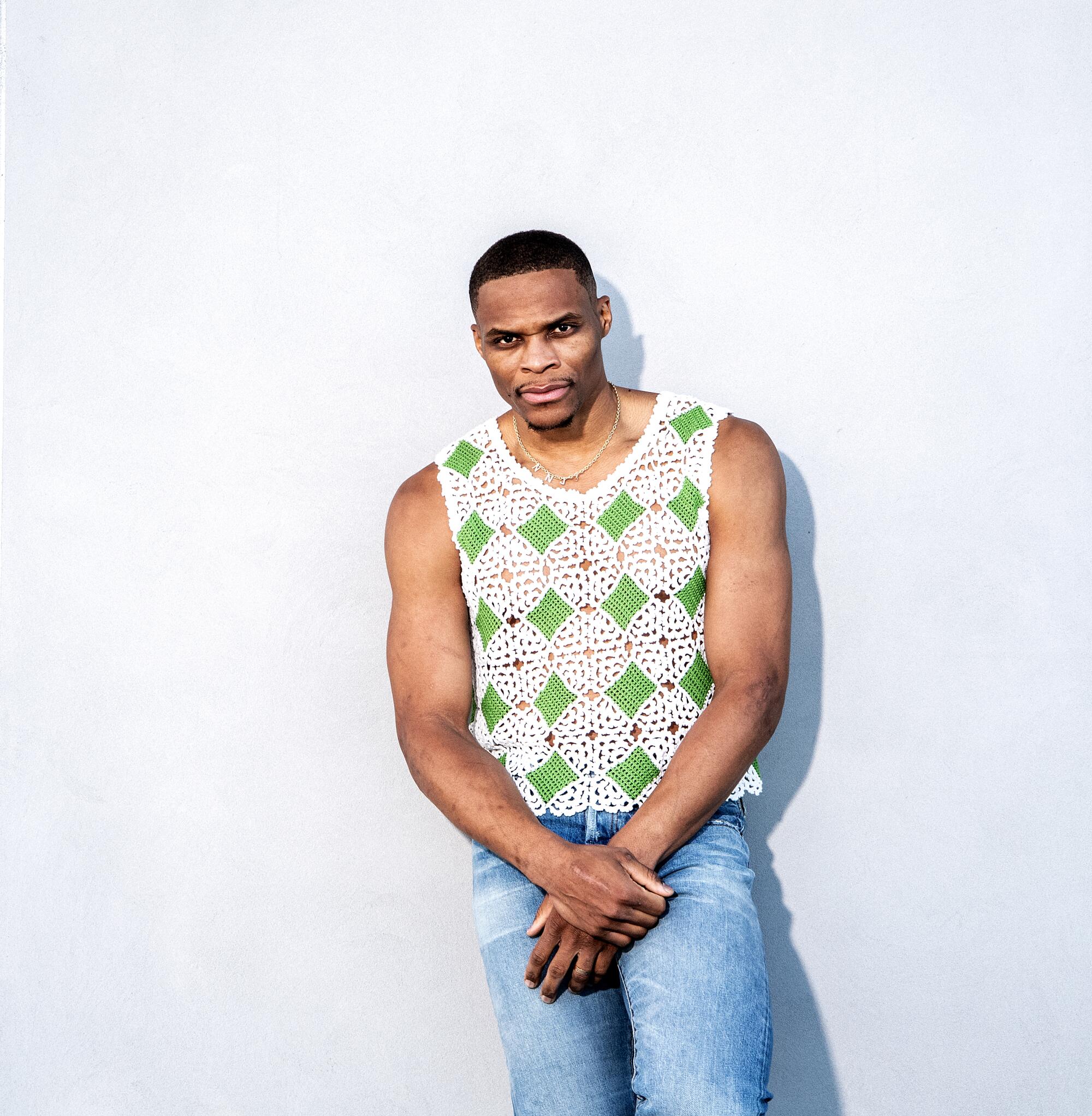 Lakers star Russell Westbrook poses for a photo at the team's training facility.