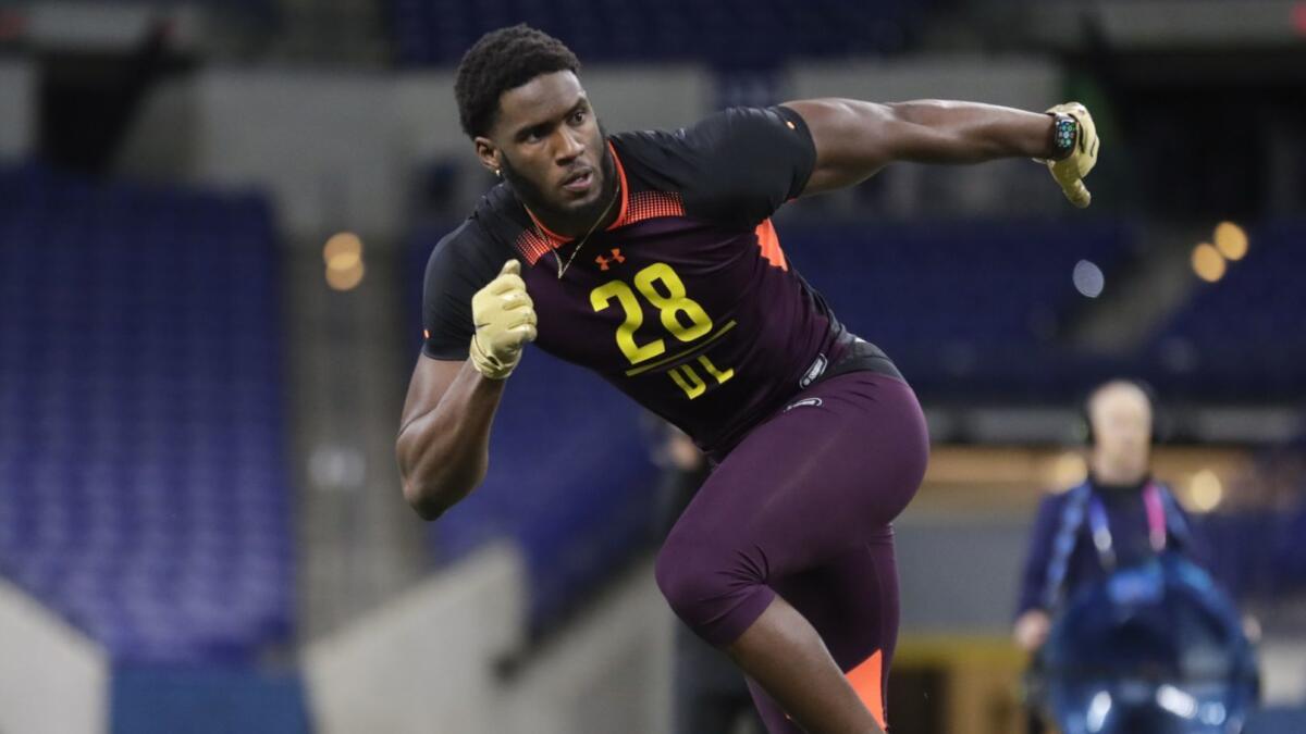 Florida State defensive lineman Brian Burns runs a drill at the NFL scouting combine.