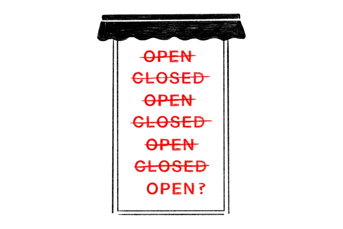 Illustration of a restaurant sign "open, closed, open, closed, open?"