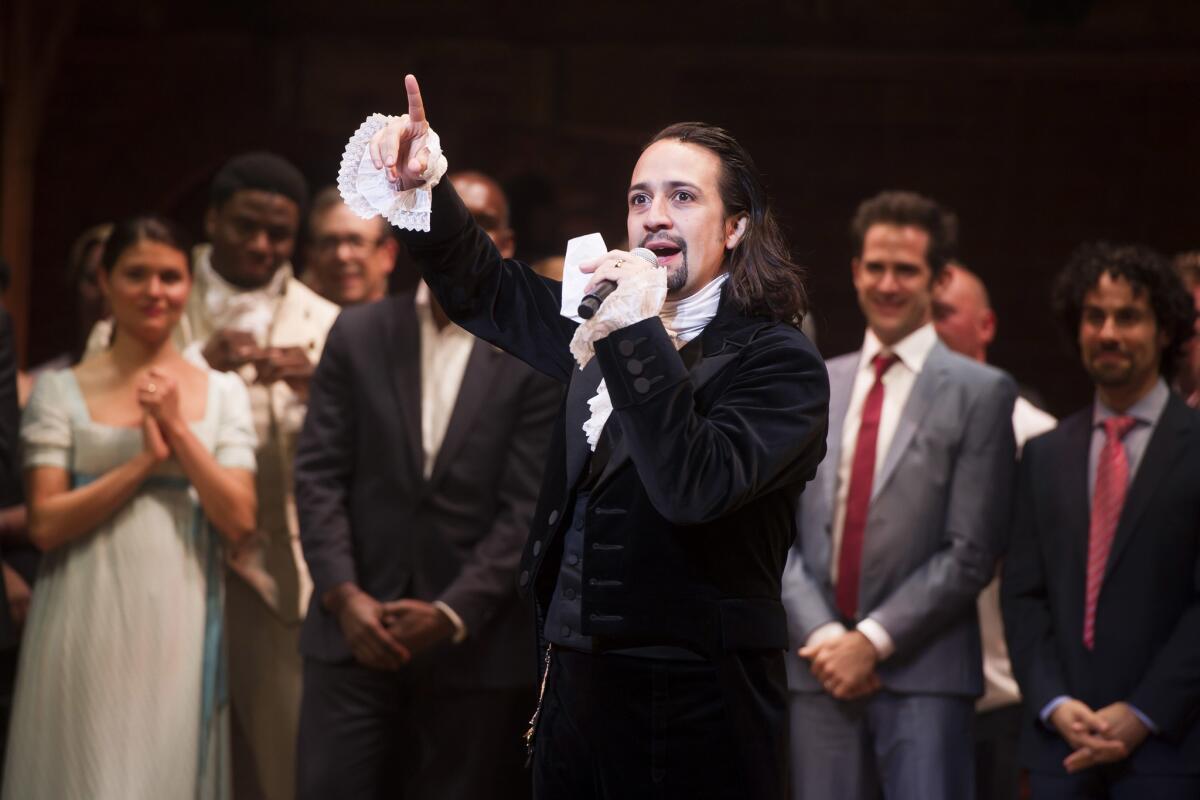 Lin-Manuel Miranda onstage after the opening-night performance of "Hamilton" in New York on Aug. 6, 2015. The hit musical has now spawned a mixtape to be released in December.