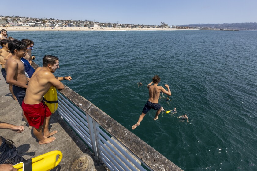 An L.A. County Junior Lifeguard instructor watches a junior guard jump off the Hermosa Beach pier into the water.