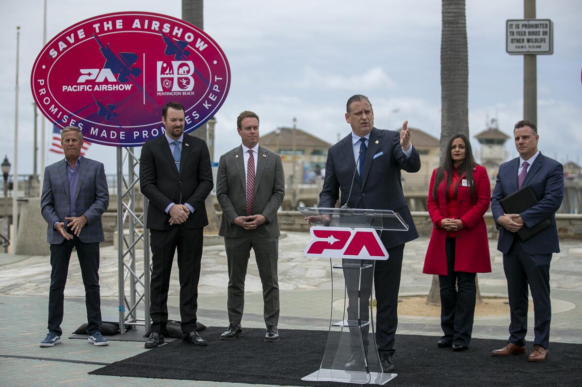 Mayor Tony Strickland speaks during a press conference about the Pacific Airshow on May 9 at Huntington Beach Pier Plaza.