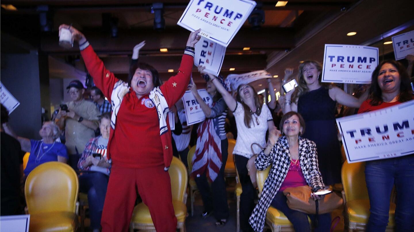 Nellie Gillogly, left, of Santa Ana, and fellow Republicans erupt in celebration as Donald Trump wins Florida. OCGOP election party is at China Palace in Newport Beach.