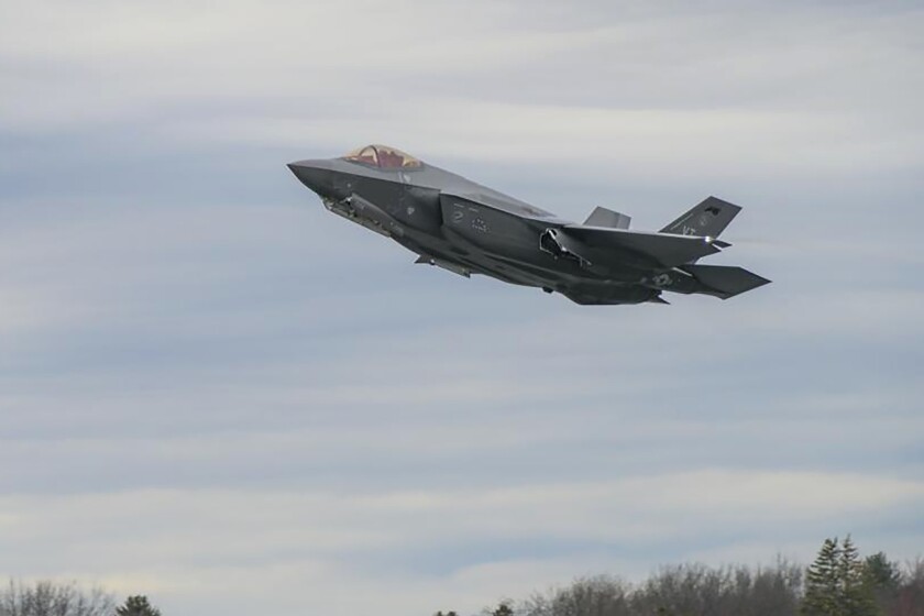 An F-35 Lightning II Aircraft, assigned to the 158th Fighter Wing, Burlington Air National Guard Base, takes off April 13, 2022, from Burlington International Airport, in Burlington, Vt. The first overseas deployment of the Vermont Air National Guard's F-35 fighter jets will have the pilots and their aircraft patrolling the skies of Europe during one of the most tense periods in recent history. More than 200 Vermont air guard personnel, their equipment and eight F-35s are now in Europe. (Staff Sgt. Cameron Lewis/U.S. Air National Guard via AP)