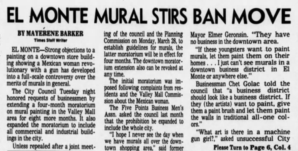 A Los Angeles Times article with the headline "El Monte Mural Stirs Ban Move" in 1977.