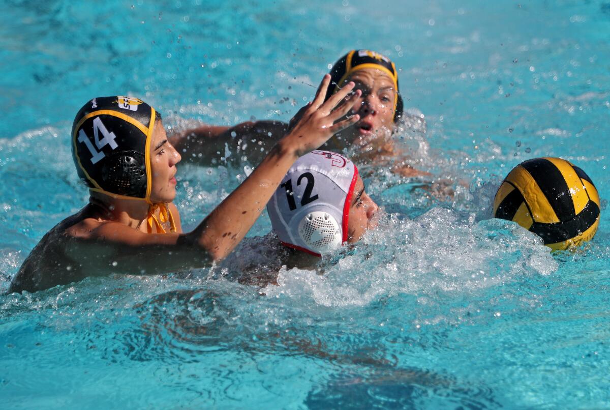 Burroughs High School water polo player Vahagan Sahakyan finds himself surrounded in CIF Southern Section Division V quarterfinal match vs. St. Francis High School at Notre Dame High School in Sherman Oaks on Saturday, Nov, 9, 2019. St. Francis won the match 9-8.