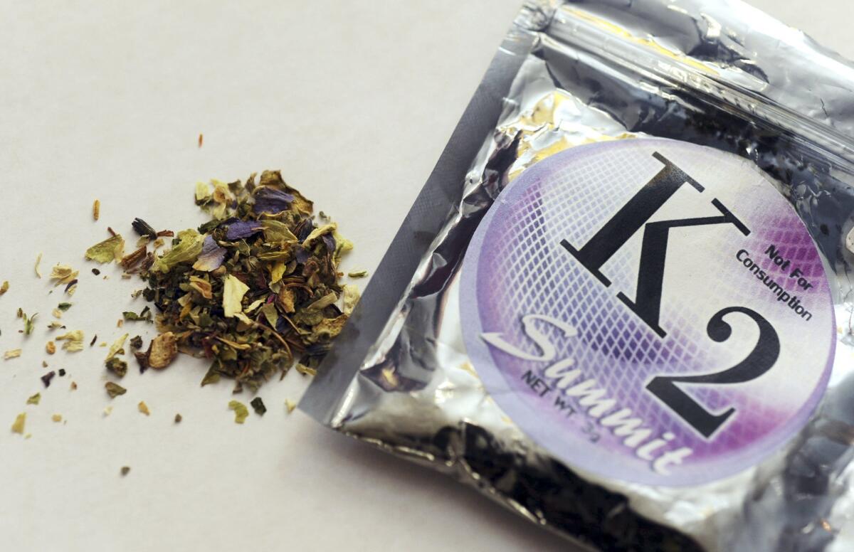 A package of K2 — which contains herbs and spices sprayed with a synthetic compound chemically simila to THC, the psychoactive ingredient in marijuana — is shown in this file photo.