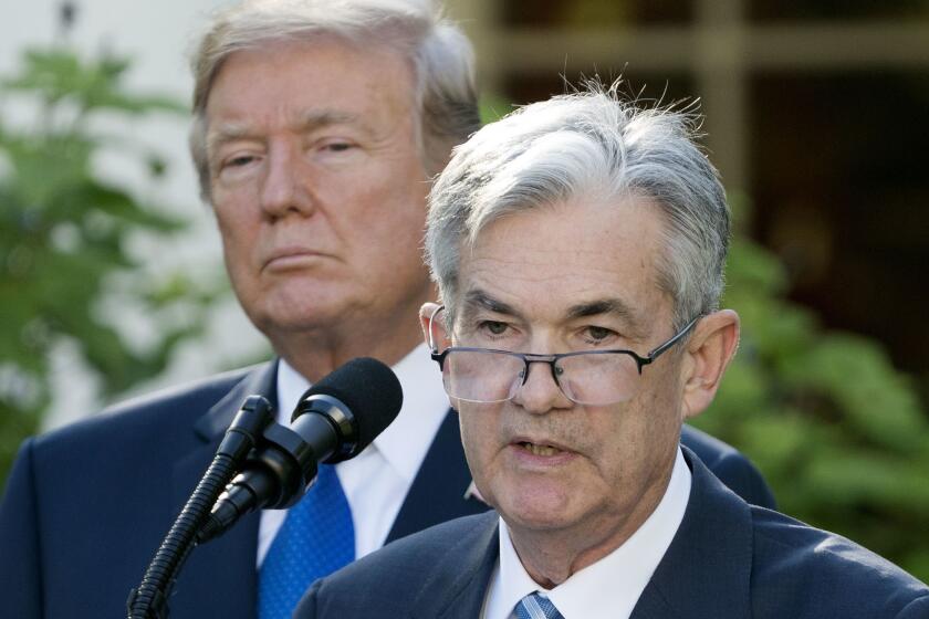 Mandatory Credit: Photo by MICHAEL REYNOLDS/EPA-EFE/REX/Shutterstock (9187249n) Jerome Powell and Donald J. Trump US President Donald J. Trump announces the nominee for Chair of the Board of Governors of the Federal Reserve System, Washington, USA - 02 Nov 2017 Jerome Powell (R) delivers remarks after US President Donald J. Trump (L) announced Powell as his nominee for Chair of the Board of Governors of the Federal Reserve System, in the Rose Garden of the White House in Washington, DC, USA, 02 November 2017. If confirmed, Jerome Powell will succeed Janet Yellen as chair of the US central bank. ** Usable by LA, CT and MoD ONLY **