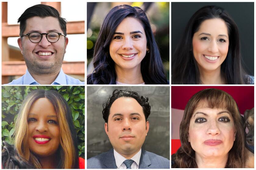 California Assembly District 43 candidate, clockwise fro top left, Walter Garcia, Celeste Rodriguez, Victoria Garcia, Carmenlina Minasova, Saul Hurtado and Felicia Novick.