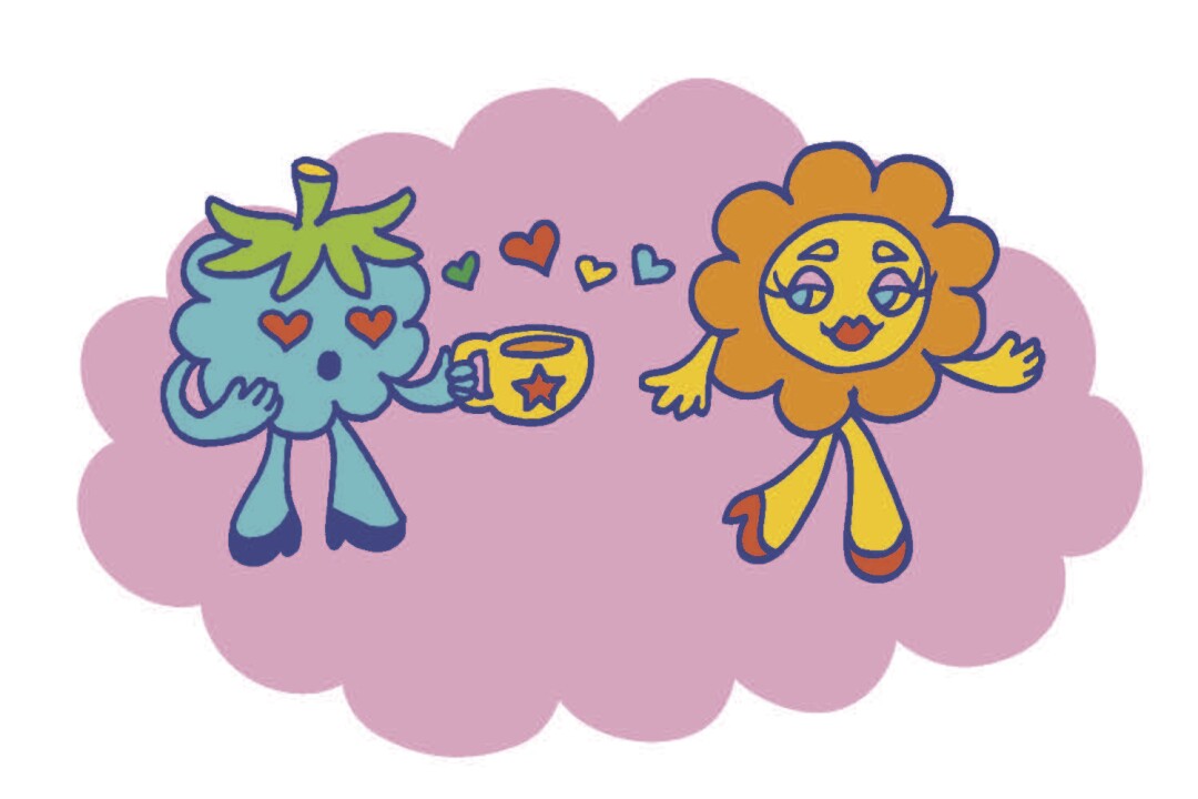Illustrations of food and flower characters falling in love