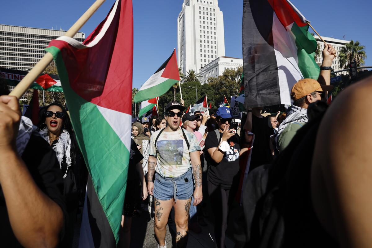 Thousands protest in Los Angeles on Oct. 28 to support the Palestinians in the Gaza Strip.