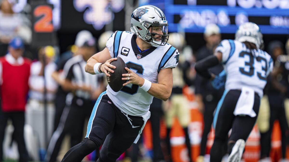 Carolina Panthers quarterback Baker Mayfield plays against the New Orleans Saints.