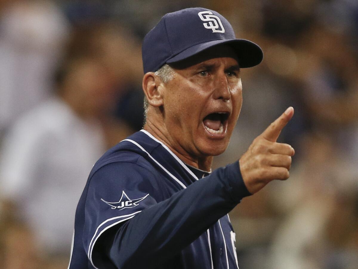 Though known mostly for his encouraging words and equanimity, Padres manager Bud Black can go into fiery mode, as he is here in expressing his thoughts before being ejected by umpire Clint Fagan.