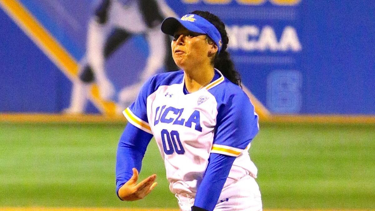 UCLA pitcher Rachel Garcia delivers a pitch during a game in May 2018.