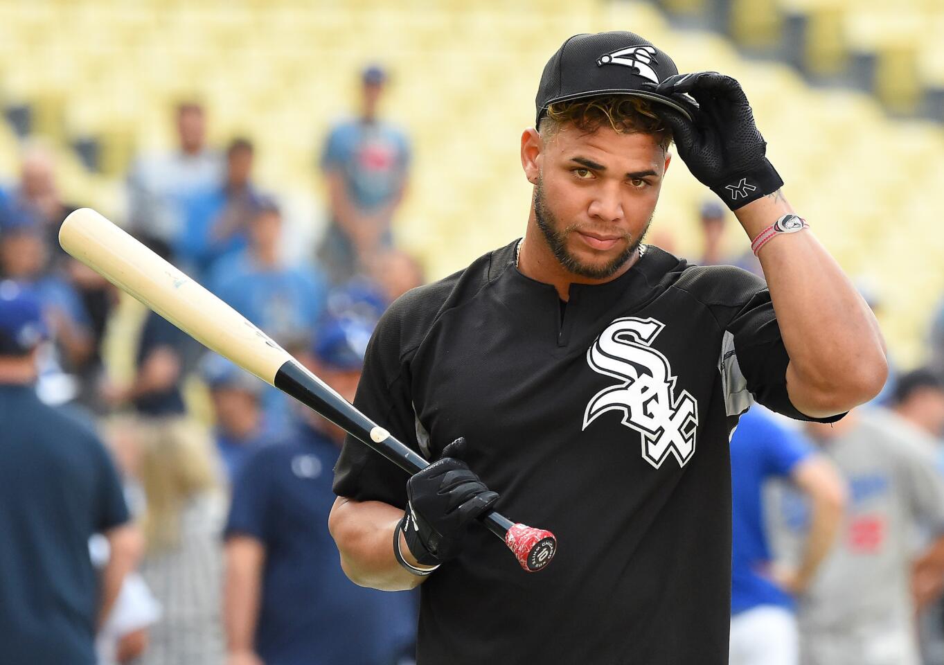 Yoan Moncada warms up before a game against the Dodgers at Dodger Stadium on Aug. 15, 2017 in Los Angeles.