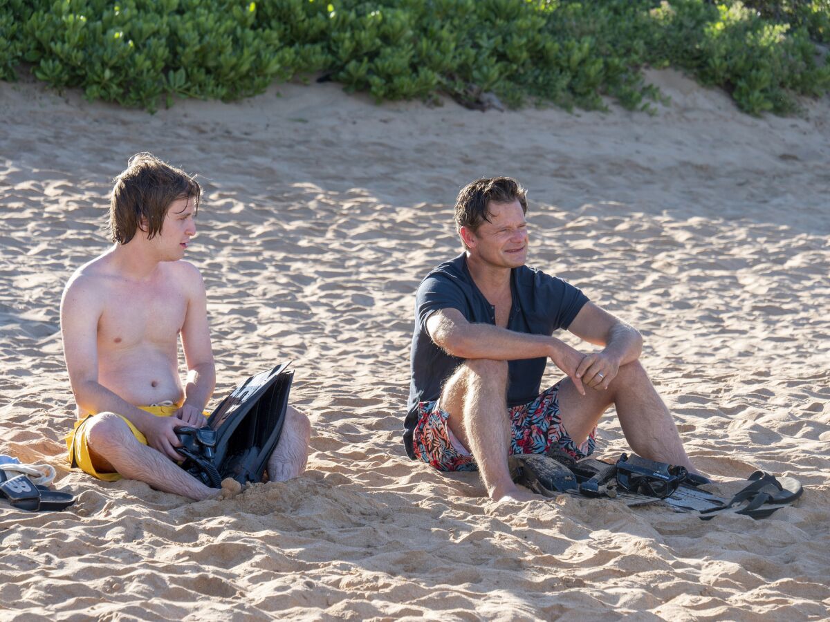 A man and his teenage son sitting on a beach