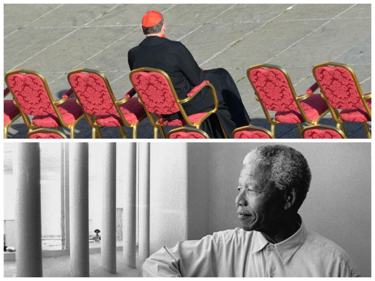 Cardinal Roger M. Mahony, top, sits in St. Peter's Square at the Vatican earlier this year. Nelson Mandela, bottom, visits his former prison cell in 1994.