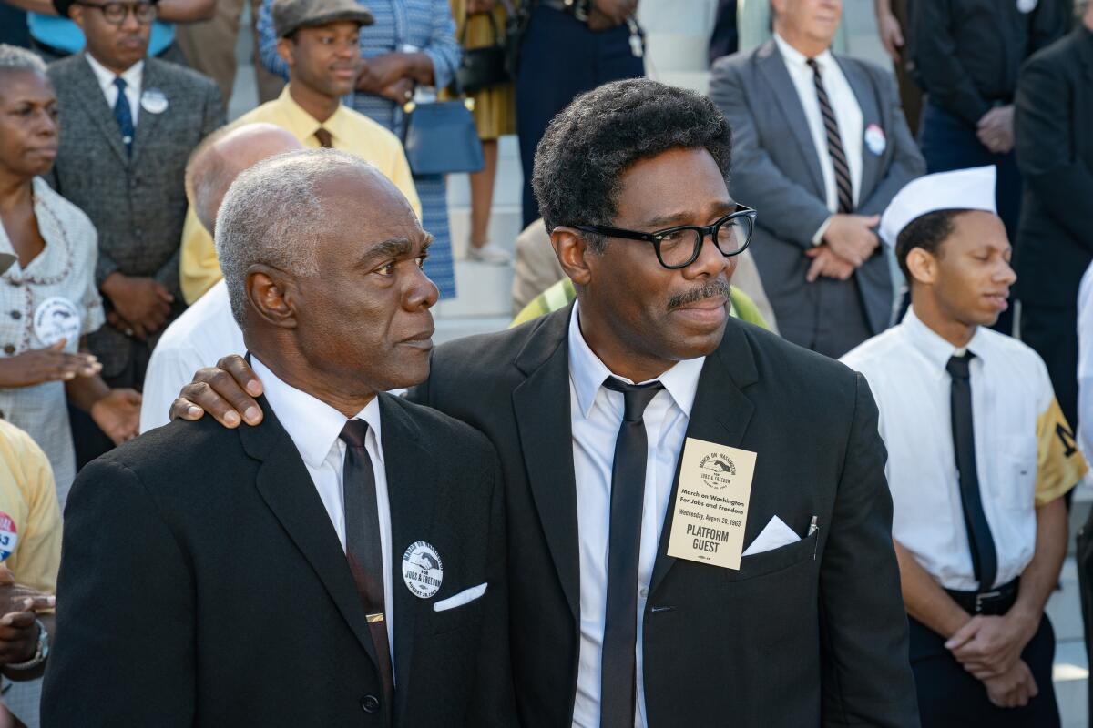 Activists attend the 1963 March on Washington in a scene from the movie "Rustin."
